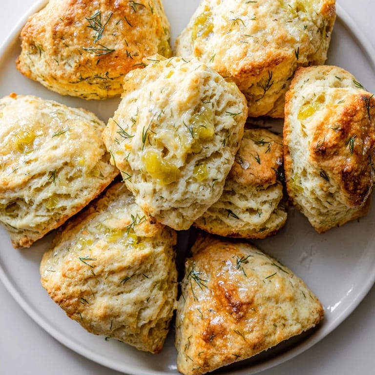 Warm, savory Dill Pickle Honey Biscuit Scones served alongside fresh butter and herbs.  