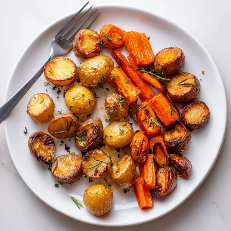 Savory roasted potatoes and carrots, infused with thyme, great for any meal occasion.