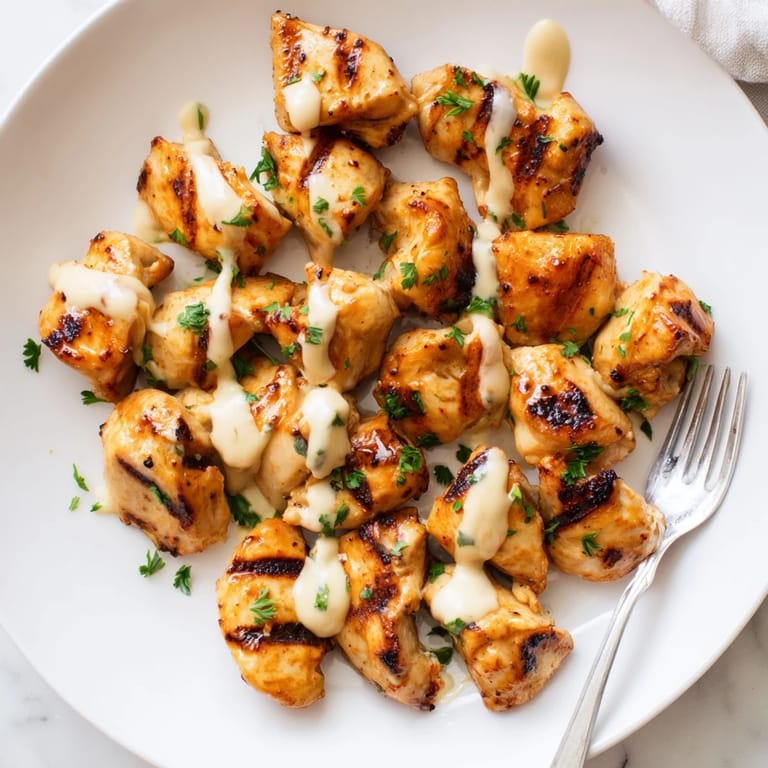 Flavorful Grilled Chicken Bites with Creamy Garlic Sauce perfect for BBQ gatherings.