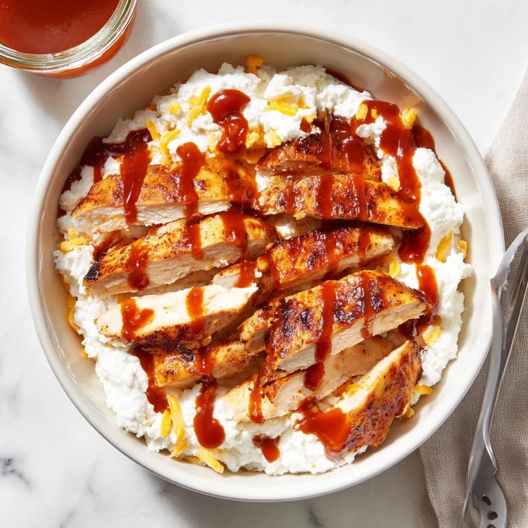 Hearty Macro Friendly BBQ Ranch Chicken Bowl, featuring flavorful chicken and creamy cottage cheese.
