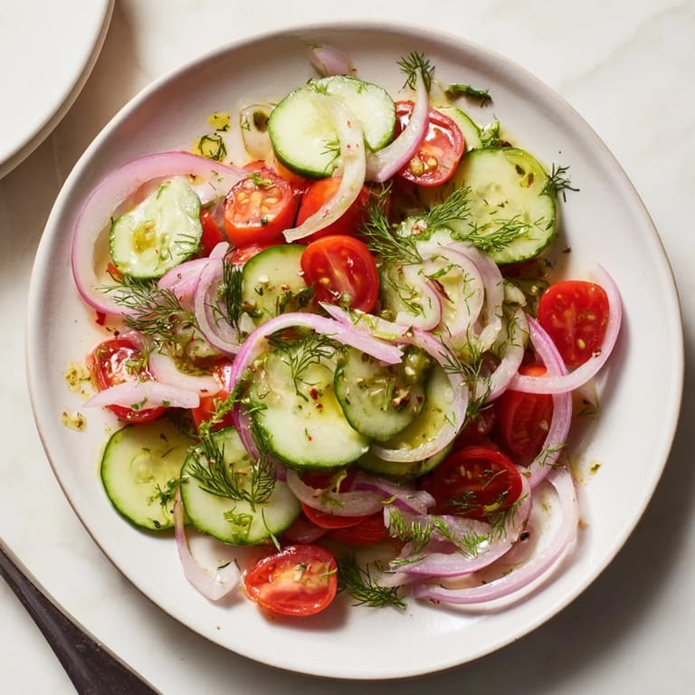 Brightly colored marinated cucumbers, onions, and tomatoes, a perfect side dish for gatherings.