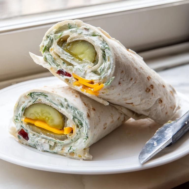 Colorful plate of pickle-in-a-blanket rolls, ideal for party appetizer delight.  