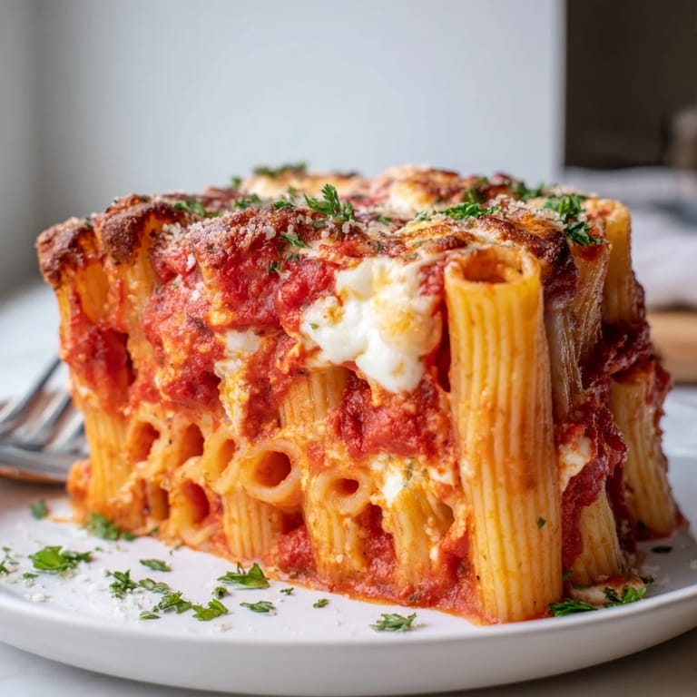 Impressive Honeycomb Pasta Cake served warm, garnished with fresh parsley and Parmesan.