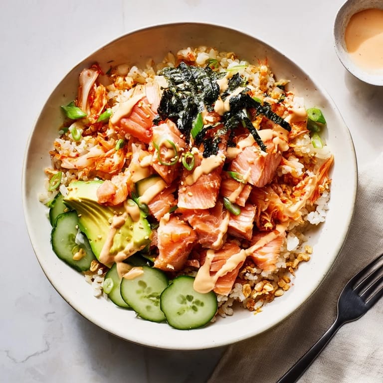 Golden, crispy salmon rice bowl featuring creamy avocado and zesty garlic crunch.  