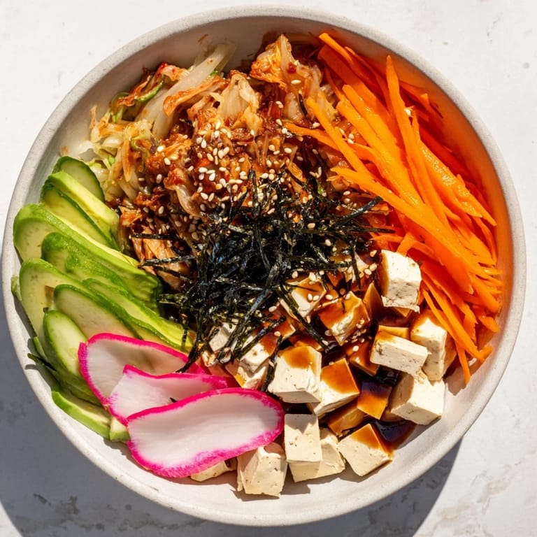 Wholesome fermented vegetable bowl featuring tangy kimchi, grains, and fresh toppings.