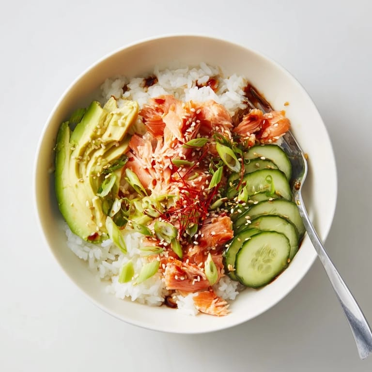 Enjoy a colorful Leftover Salmon & Rice Bowl, featuring fresh avocado and crunchy cucumber.