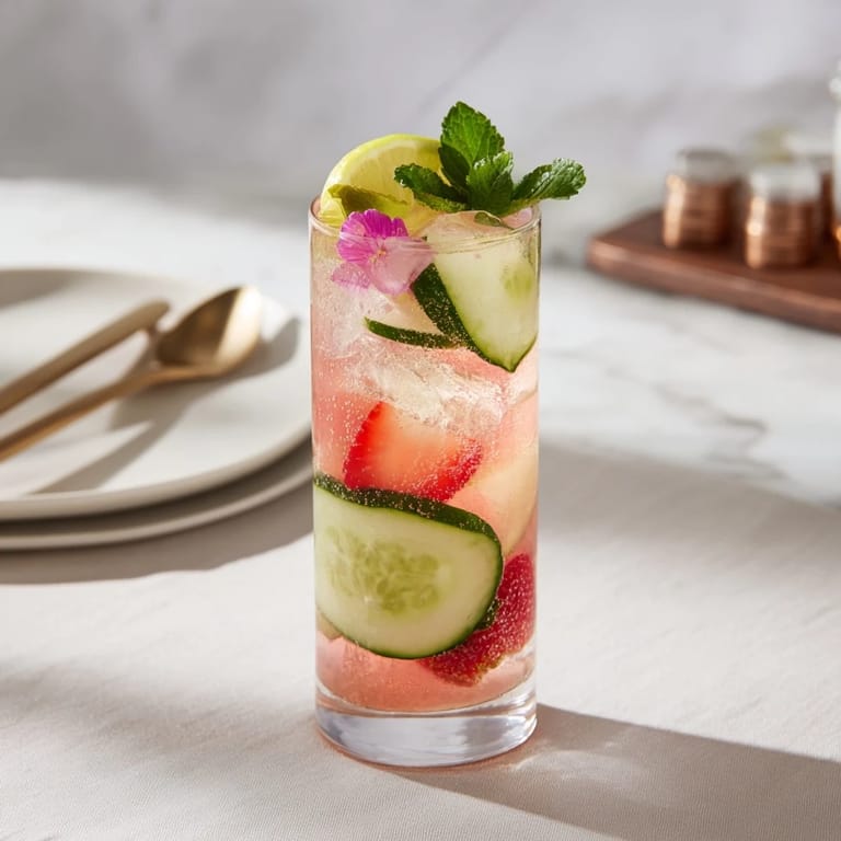 Hydrating mocktails featuring fresh strawberries and lemon in a tall glass.  