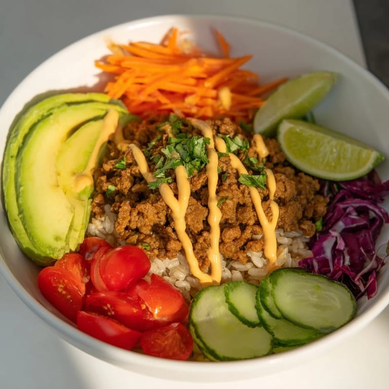 Wholesome plant-based meat bowl garnished with cilantro and zesty lime wedges.