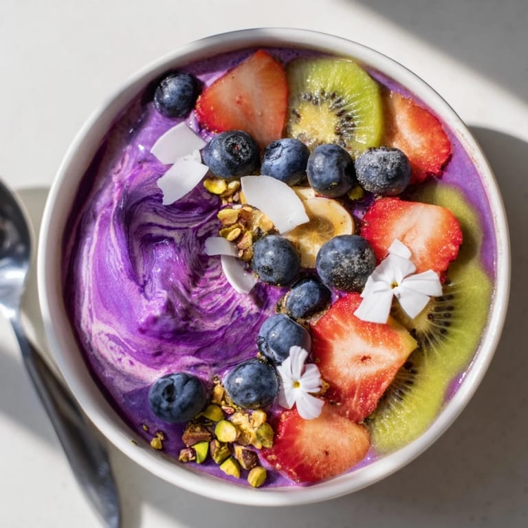 An eye-catching vibrant smoothie bowl, garnished with kiwi and edible flowers for freshness.