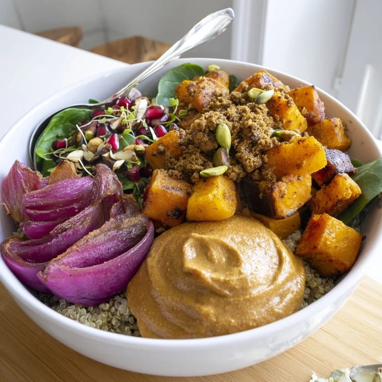 Cozy Spiced Winter Bowl showcasing colorful roasted vegetables topped with maple pistachio crumble.