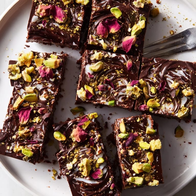 Enjoy the rich flavors of chocolate bar inspired creations, garnished with rose petals.