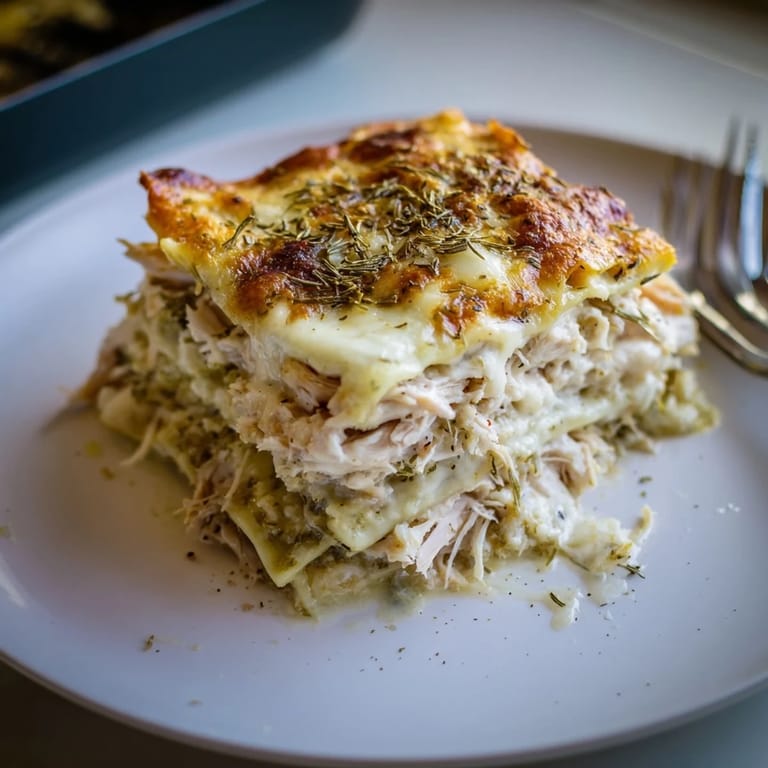 Warm, cheesy rosemary chicken lasagna topped with crispy mozzarella, perfect for family dinners.