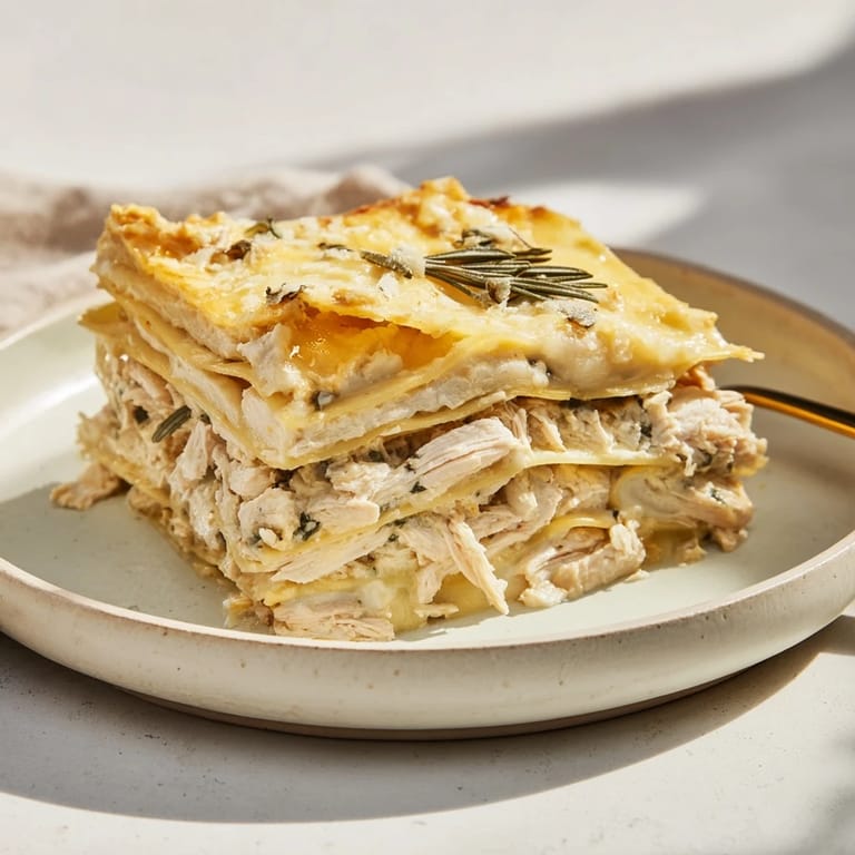 A comforting slice of rosemary chicken lasagna, layered with tender chicken and herbs.  
