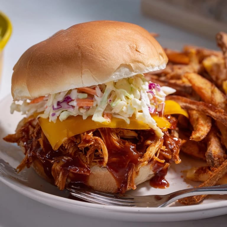 Tender shredded BBQ Chicken Sliders with coleslaw, accompanied by delicious homemade fries.