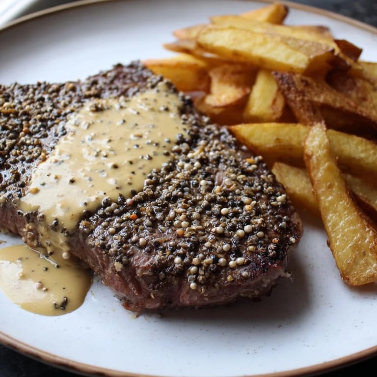 Imagine the aroma: a delightful plate of classic peppercorn ribeye and golden, crispy fries await.