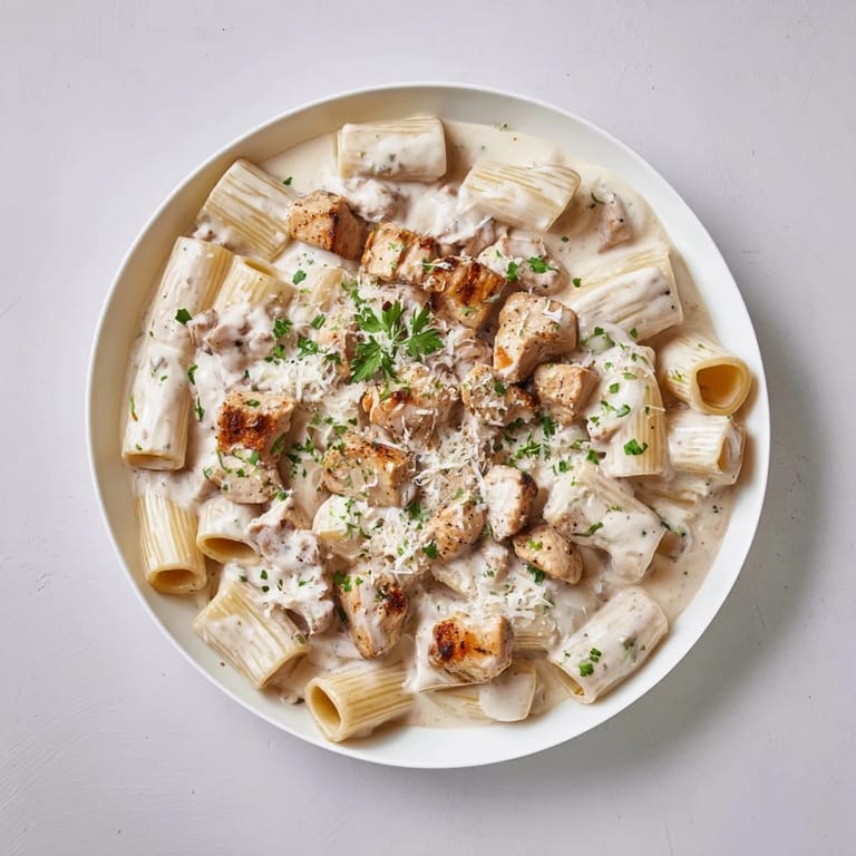 Golden chicken and perfectly cooked rigatoni in a rich, creamy garlic Parmesan sauce.