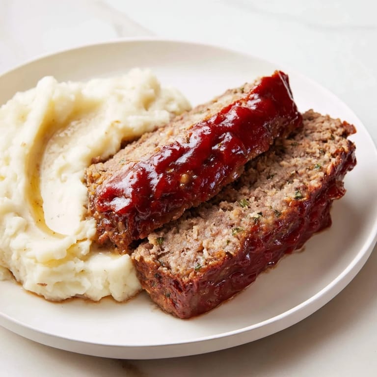 A steaming plate of savory Classic Meatloaf & Mashed Potatoes, complete with fluffy mashed potatoes and gravy.