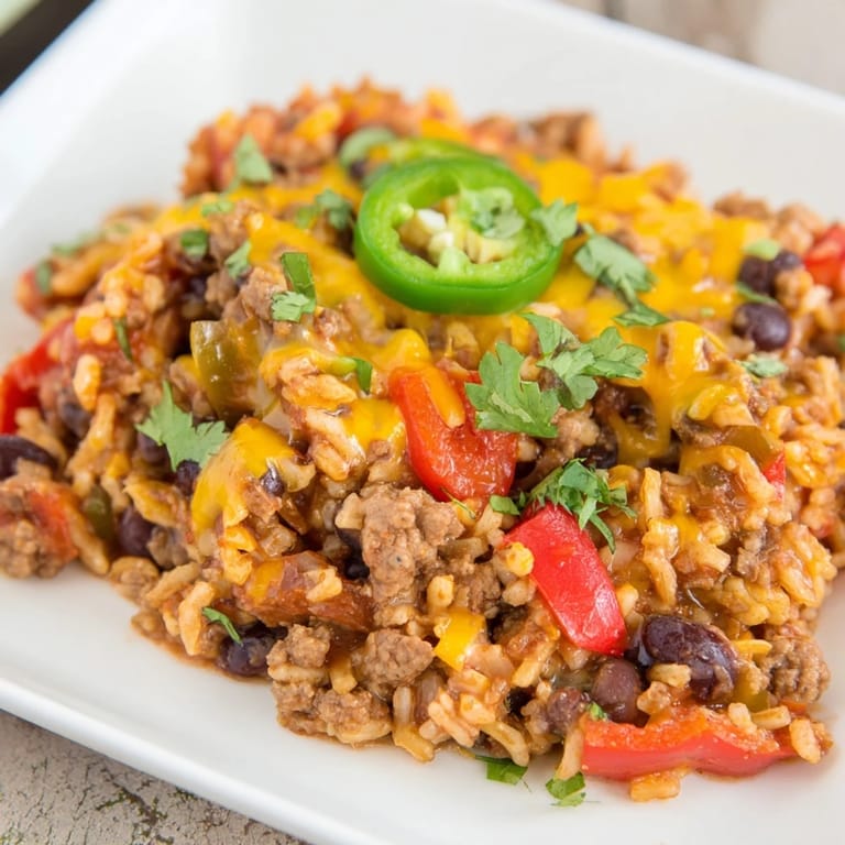Golden, cheesy Tex-Mex Beef & Rice Casserole, garnished with fresh cilantro and jalapeños, ready to serve.