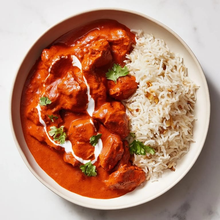 Fragrant Butter Chicken next to golden pilaf rice, ready for a comforting Indian dinner.