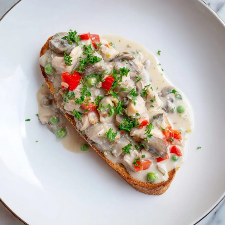 This image shows a warm bowl of Chicken à la King, ready to serve over golden toasted bread.