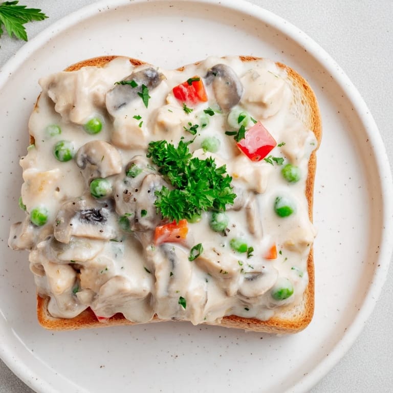 Visualize the rich, flavorful Chicken à la King, a simple, delicious meal served on buttered toast.