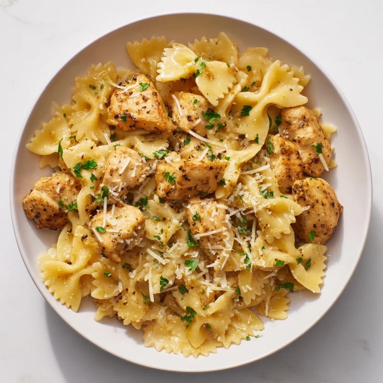 Creamy mozzarella garlic butter chicken bowties, perfectly cooked, with melted cheese and fresh parsley garnish.