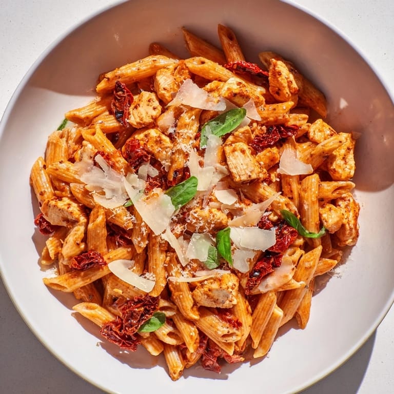 Savor the aroma—creamy tomato basil chicken pasta, with vibrant basil garnishing this delicious, easy dinner.