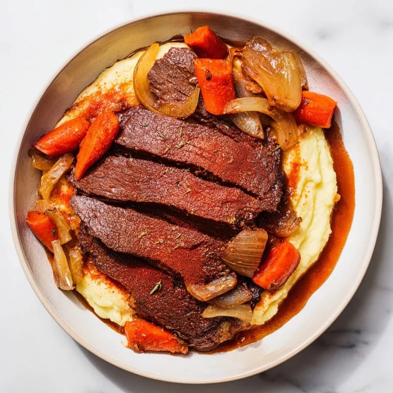 Juicy classic brisket in a rich sauce alongside golden, fluffy mashed sweet potatoes, a perfect meal.