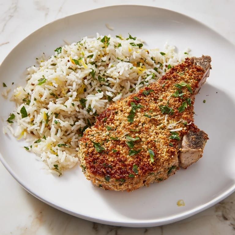 Close-up of crispy herb-crusted Parmesan Pork Chops with fluffy rice, bursting with savory aromas.