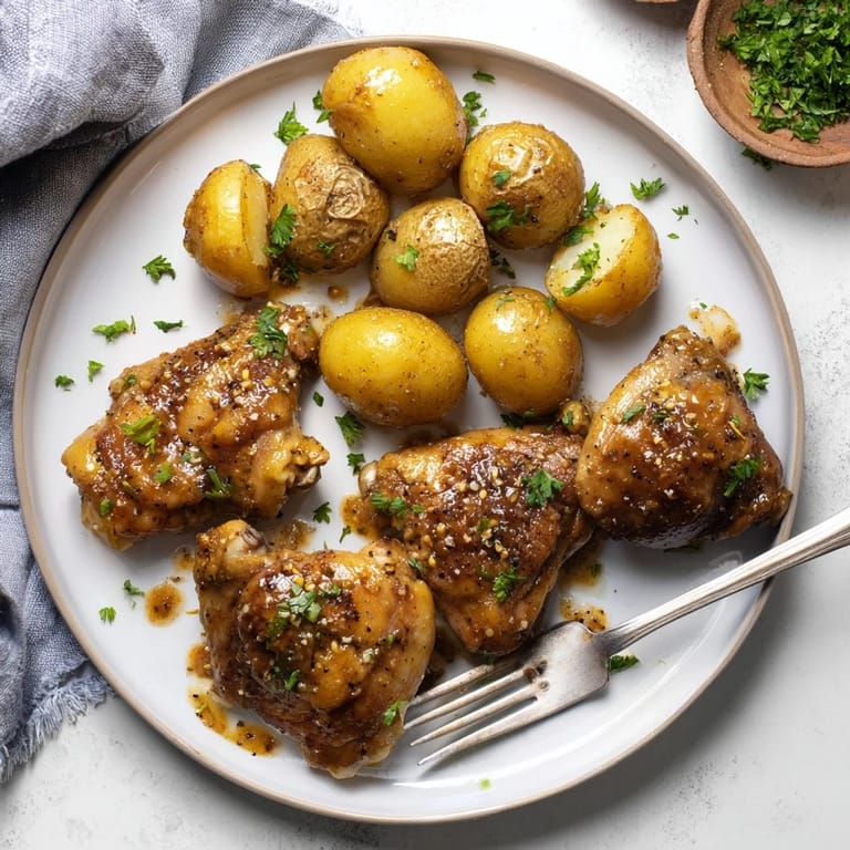 Close-up of baked honey mustard chicken and roasted potatoes, a gluten-free and delicious recipe.