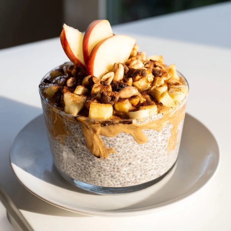 Creamy Apple-Chia Pudding with Peanut Butter, showing fresh apple pieces and a peanut butter swirl.