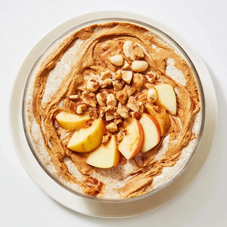 Delicious layered Apple-Chia Pudding, topped with peanut butter and roasted peanuts for a tasty snack.