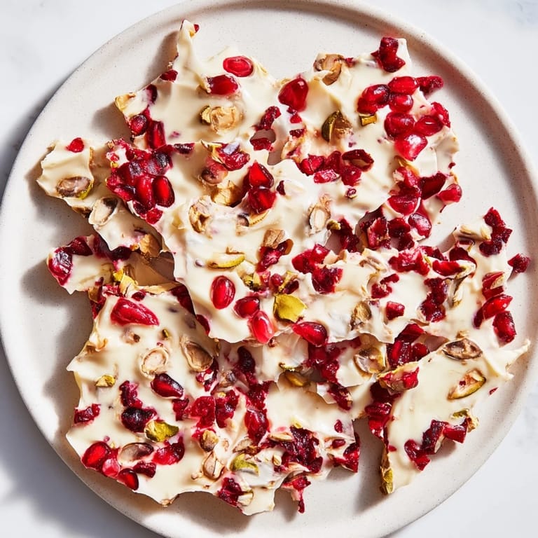 Handmade Frozen Yogurt Bark, glistening with honey, topped with ruby pomegranate, ready to eat.
