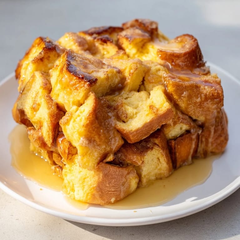 A close-up of a bubbling French Toast Bake, showcasing the custardy bread and cinnamon topping.