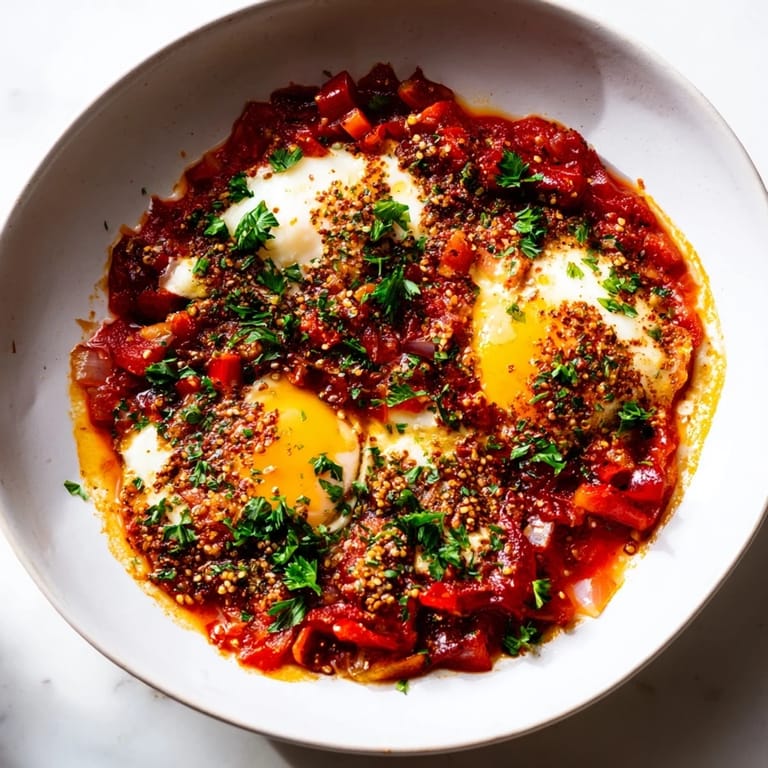 Golden-yolked Savoury Baked Eggs in Tomato Sauce, a Middle Eastern-inspired vegetarian delight served hot.