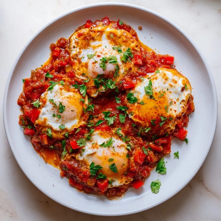 Hearty Savoury Baked Eggs in Tomato Sauce with vibrant red peppers and herbs, perfect for supper.