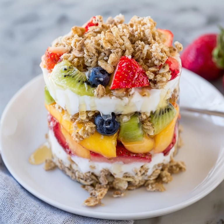 This Yogurt Parfait features vibrant seasonal fruit stacked with creamy yogurt, topped with crispy granola.