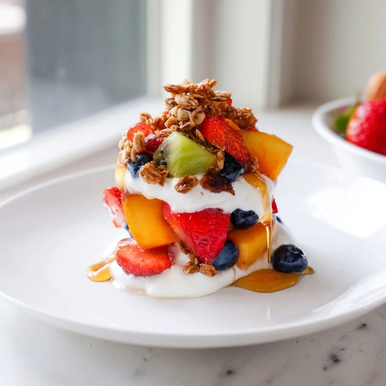 Enjoy a layered Yogurt Parfait with berries, peaches, and granola—a refreshing breakfast or light snack.