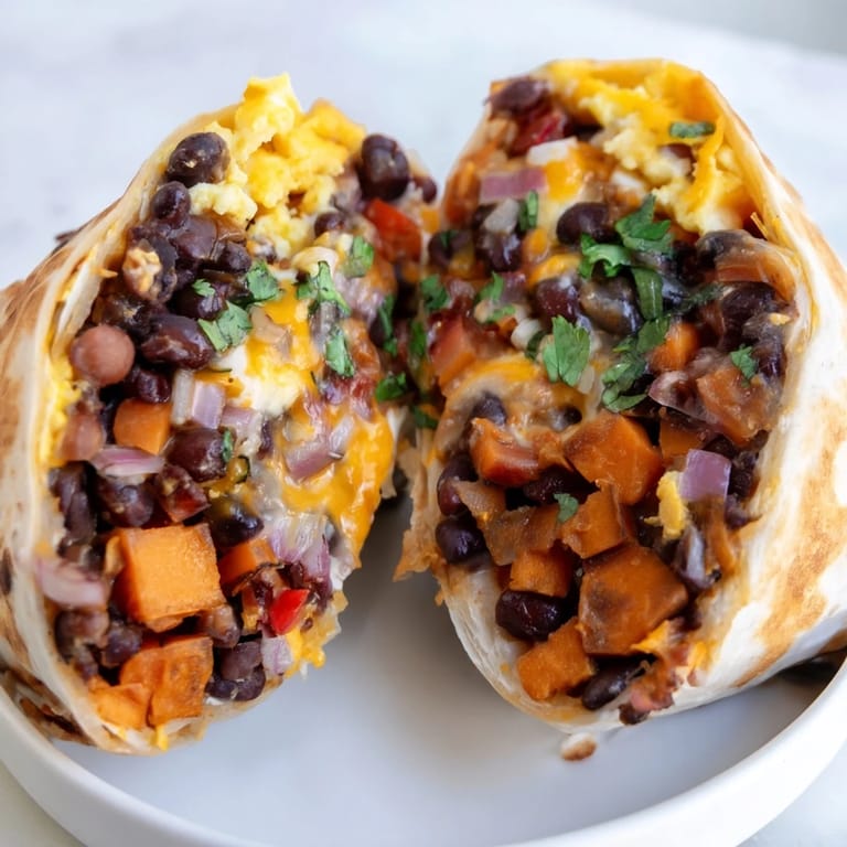Golden-brown, toasted sweet potato & black bean breakfast burritos ready to enjoy with a satisfying vegetarian fill.