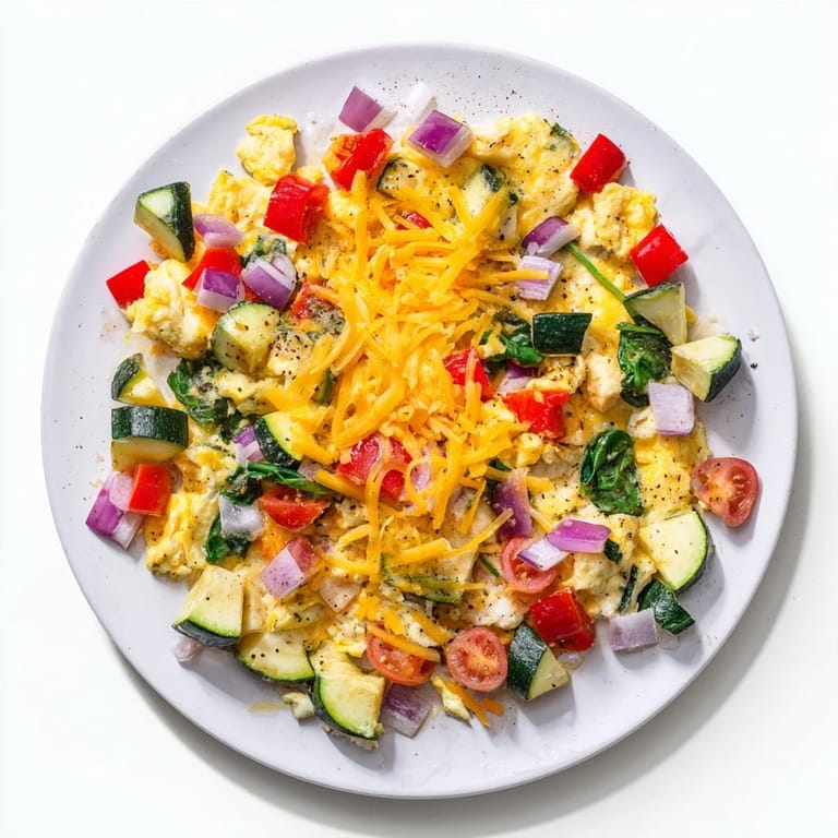 Enjoy a delightful view of a warm Egg & Veggie Sheet Pan Scramble, perfect for a hearty vegetarian meal.