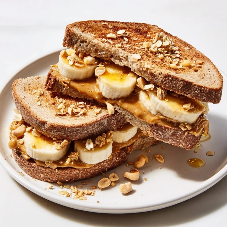 A close-up of a loaded Peanut Butter & Banana Sandwich upgrade with perfect banana slices and crunchy toppings.