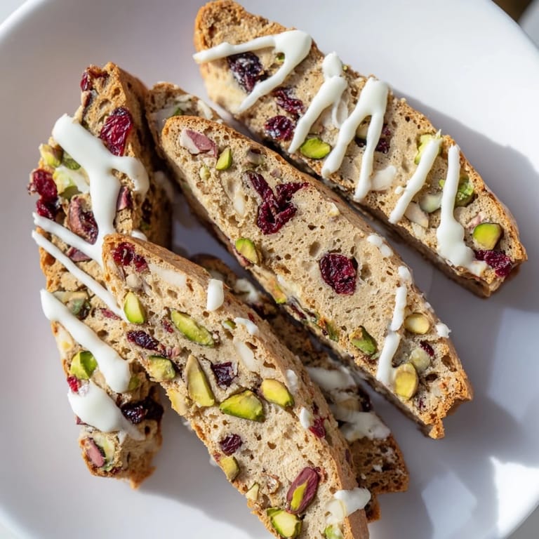 Golden, twice-baked white chocolate cranberry pistachio biscotti, perfect for pairing with coffee or tea.