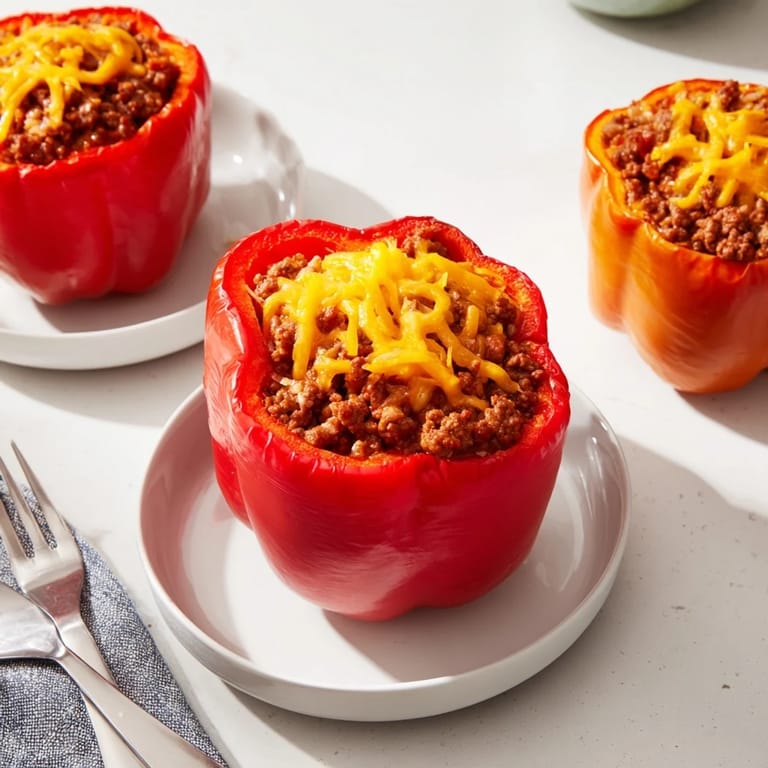 A mouthwatering close-up showcases the delicious, hearty Sloppy Joe Stuffed Bell Peppers just after baking.
