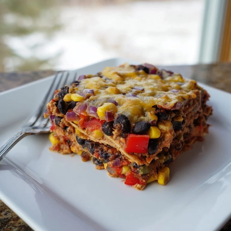 Warm and flavorful Quick Black Bean and Corn Tortilla Casserole, a cozy, easy weeknight meal.