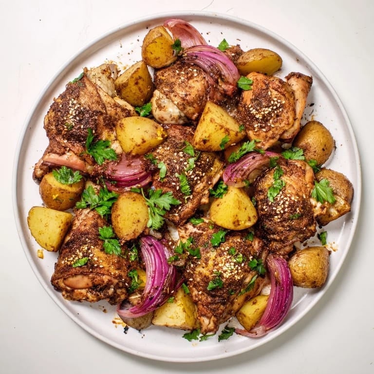 Tender chicken and potatoes sizzle in this pan; the delicious Pan-Roasted Zaatar Chicken is ready.