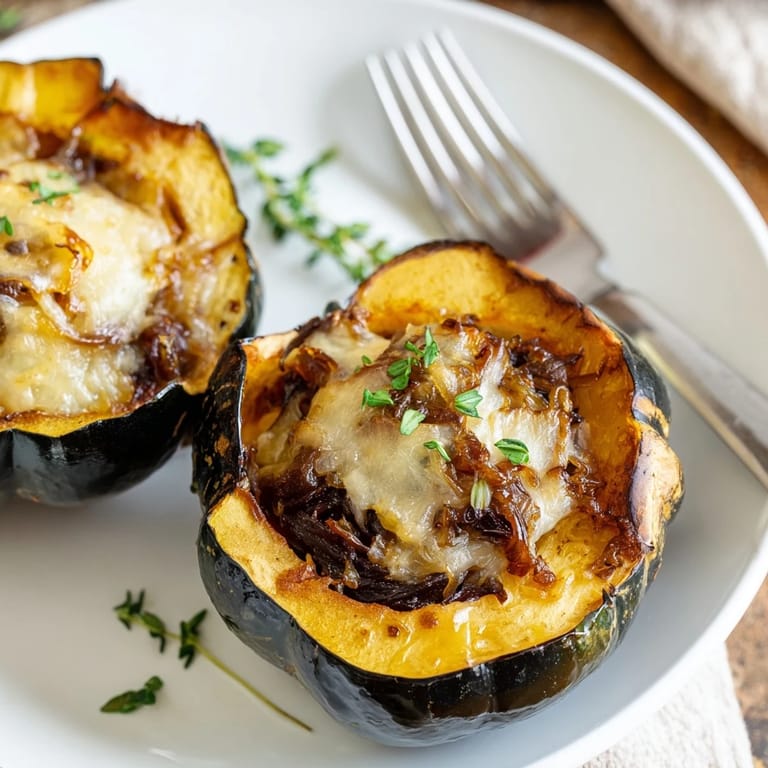 Warm, cheesy Caramelized Onion Gruyere Squash, showcasing tender acorn squash filled with caramelized onions and fresh herb garnish.