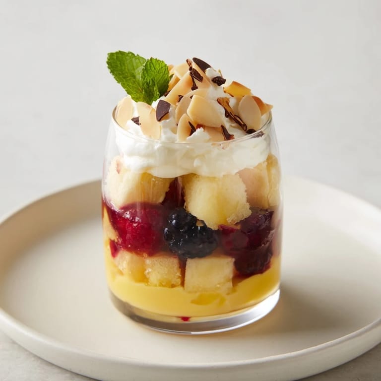 Individual cups of Simplified Christmas Trifle beckon, displaying colorful layers of cake, fruit, and dessert cream.