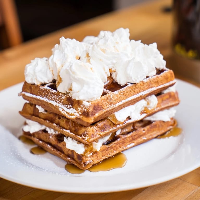 Fluffy, golden-brown Express Gingerbread Waffle Stacks, ready to devour with a sweet syrup drizzle.