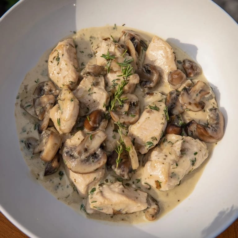 A close-up shot of the finished tarragon chicken & mushroom skillet, garnished with fresh tarragon sprigs.