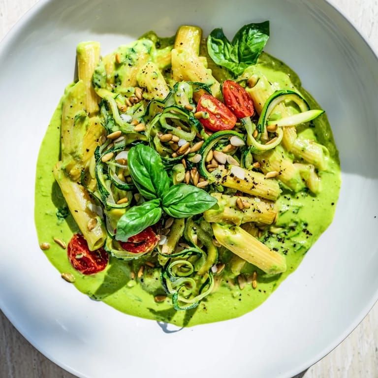 This flavorful Vegan Green Goddess Pasta features a vibrant, creamy green sauce over perfectly cooked pasta.